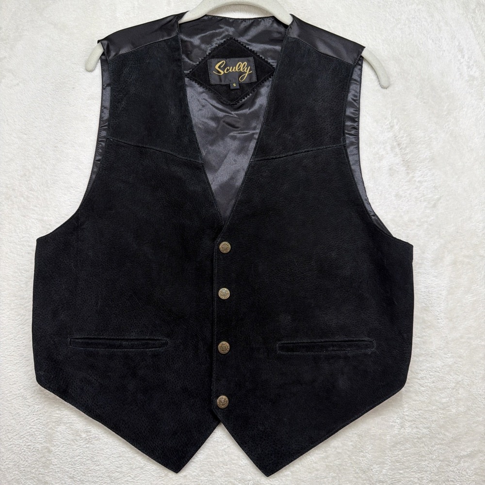 Scully Leather Vest Mens Small Black Western Motorcycle‎ Biker Snap Front
